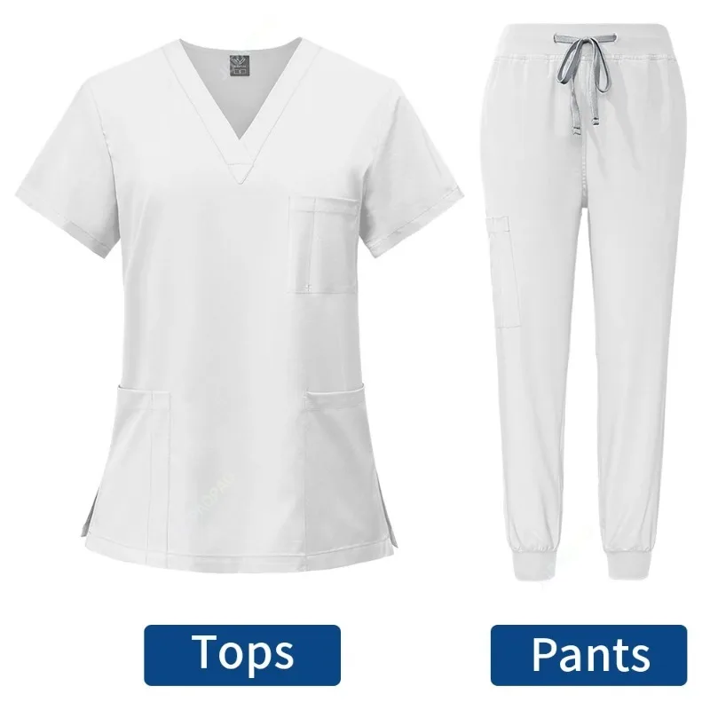 Uniformes Médicos para Mulheres, Hospital Scrubs Conjuntos, V Neck Tops, Calças, Enfermeiros Acessórios, Clínica Odontológica, Salão de Beleza, Spa Workwear Roupas