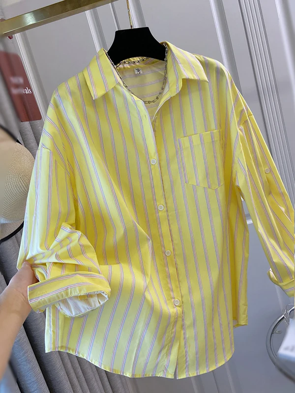 

Женская свободная повседневная рубашка в полоску, весна-лето, новый стиль, тонкая, с защитой от солнца, с длинным рукавом, отложным воротником, кардиган в китайском стиле