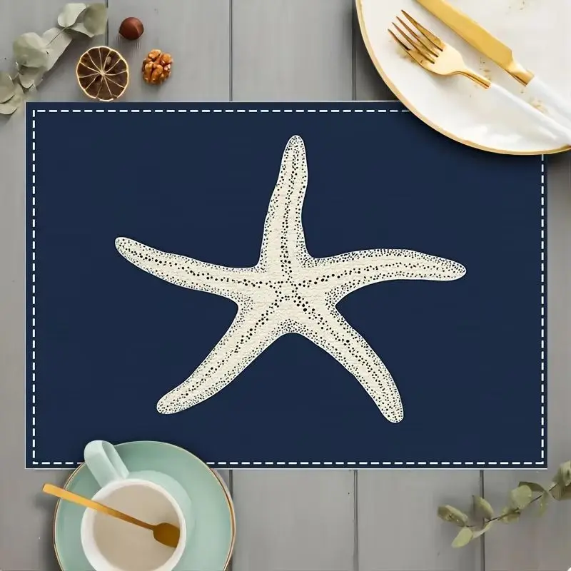 VIKAMA 2/4/6pcs Navy Blue Starfish Printed Placemats Washable Heat Resistant Table Mats Ocean Dining Home Decor