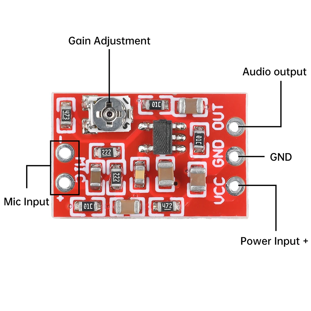 Pré-amplificador de microfone de eletreto dc 3-5v, módulo de pré-estágio de microfone de chip 721 ganho 5-30db módulo de captação de ruído ajustável