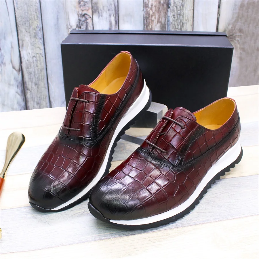 Leather handmade men\'s shoes comfortable casual sports style lace-up shoes wine red color daily dating party men\'s shoes