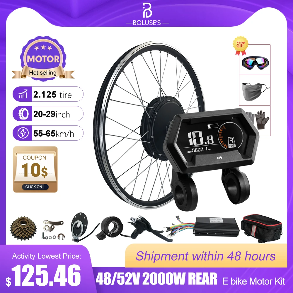 52V 2000W Electric Bike Conversion Kit 48V2000W Rear Wheel Hub Motor For Rear Dropout 135mm  20/26/27.5/29 inch