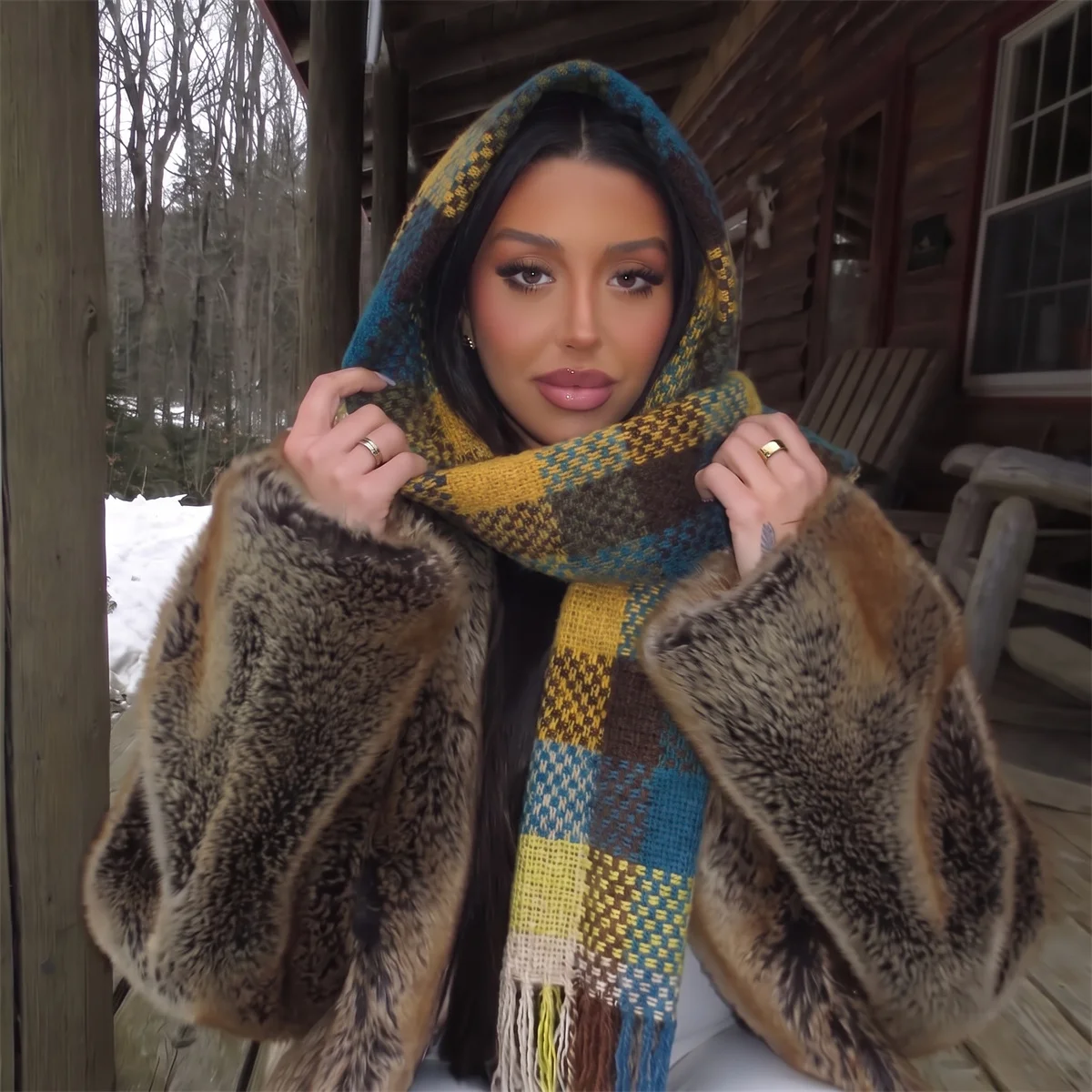 Vintage Plaid Knitted Hooded Shawl With Tassels Women Cold Resistant Color Block Check Scarf Fashion Street Style Neck Cover
