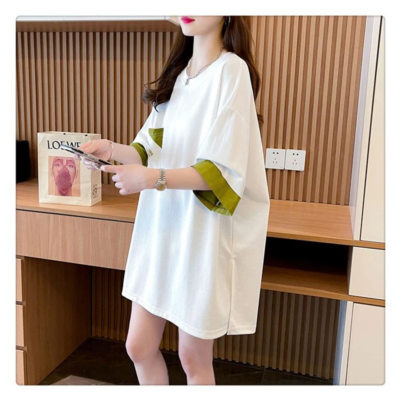 2026 Summer Women Color Block Long Tee Oversized Loose Split Hem Short Sleeve Plus Size Ins Casual Ladies Patch Pocket Top