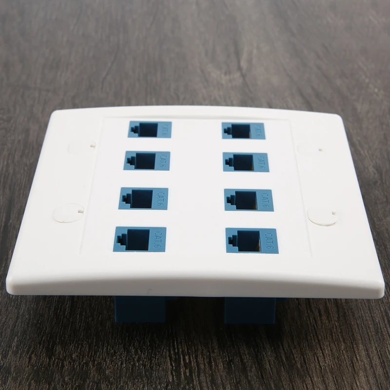 Ethernet Wall Plate 8 Port - Double Gang Cat6 RJ45 Keystone Jack Network Cable Faceplate Female To Female - Blue