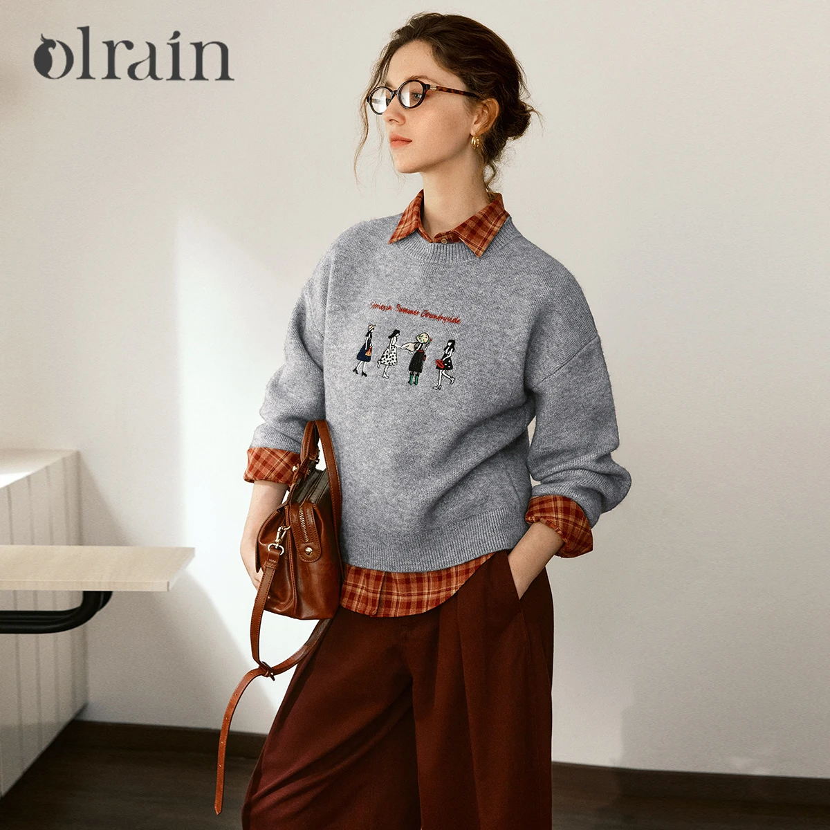 

OLrain Women's Casual Sweaters Autumn 2025 New O-Neck Fun Embroidered Pullover Sweater Long Sleeve Female Clothing O57QM000892