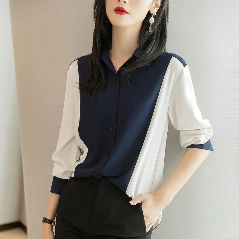 Contrast Patchwork Office Blouse Spring New Polo Neck Long Sleeve Chiffon Loose Casual Shirt Tops Elegant Fashion Women Clothing