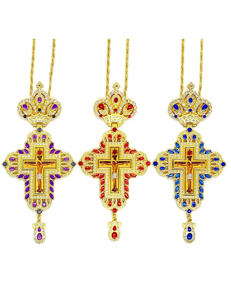 Luxuriöse Orthodoxe Brustkreuz-Halskette, Rote Kristallakzente mit Kruzifix-Ikone, Hochwertiger Liturgischer Schmuck für Kirchliche Sakramente – Detail 3