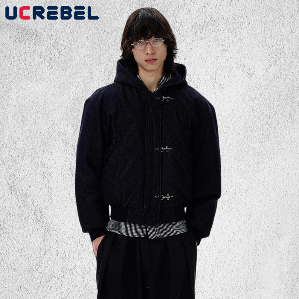Knopfdekoration Denim gepolsterte Jacke Herren Winter einfarbig Tasche Retro High Street Revers Langarm dicke Oberbekleidung Mann