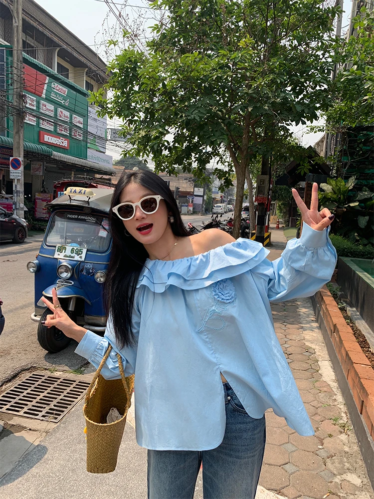 

Loose Women's Blue Shirt Spring 2025 New Style Casual Cotton Long Sleeve One-Shoulder Hem Trim Head over Footwear Fashion