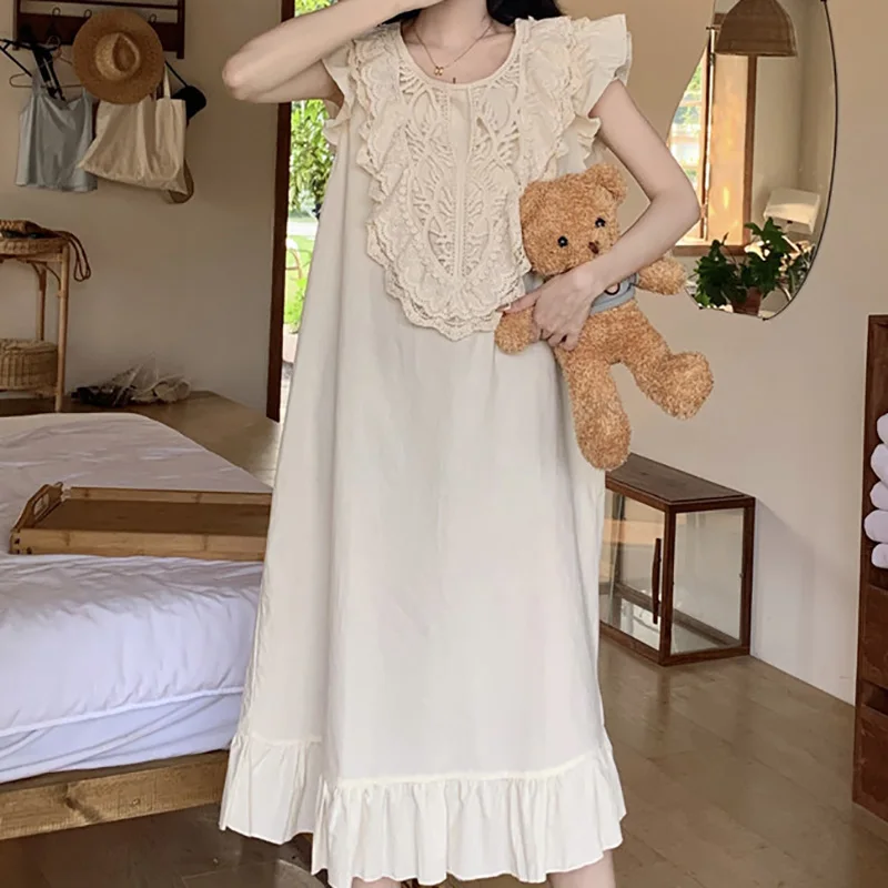 Korean Japan Cotton Sleepwear for Women Sweet Lace Ladies Ruffle Edge Flying Sleeves Home Clothes Pajamas Long Skirts 4