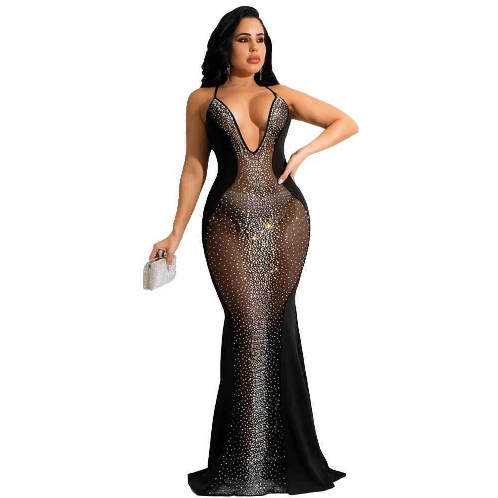 EINYOO Chic élégant femmes maille diamants longues robes col en v profond fête transparent robes de mariage femme vêtements de soirée Y2k