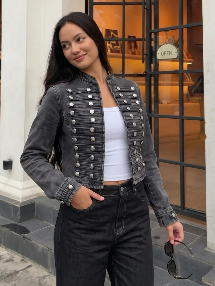 HH Damen Mode Stehkragen Jeansjacke Langarm Retro Doppelreihige Kurze Jacke Lässige Abschlussfeier-Saison Oberbekleidung