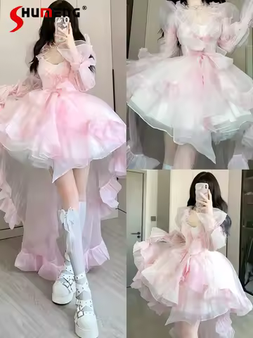 Birthday Party Princess Evening Dress Sweet Lovely Pink Organza Lace-up Bow Sling Dress Waistcoat Trailing 2 Piece Set Women