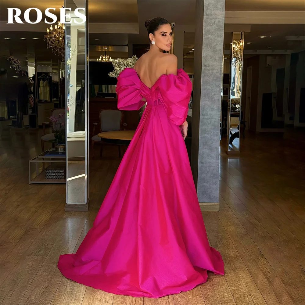 ROSES Hot Pink Prom Dresses Off the Shoulder Gala Dresses with Side Split Zipper Back Saudi Arabic Evening Party Gown Customized - view 2