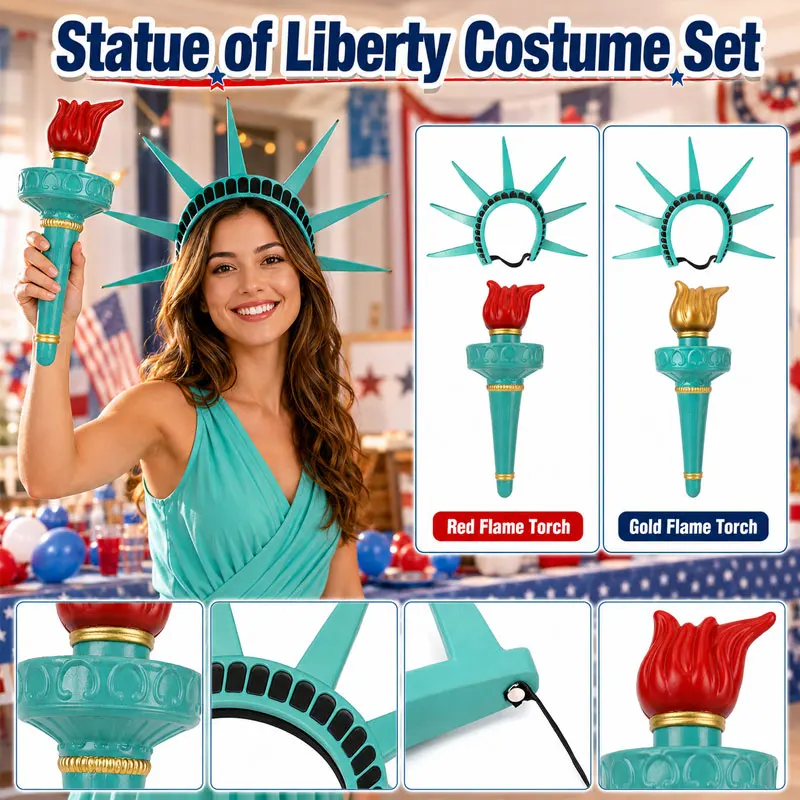 Liberty Statue Crown and Torch Set Halloween Cosplay Headwear Prop for Party Fancy Dress Costume Accessory Supply
