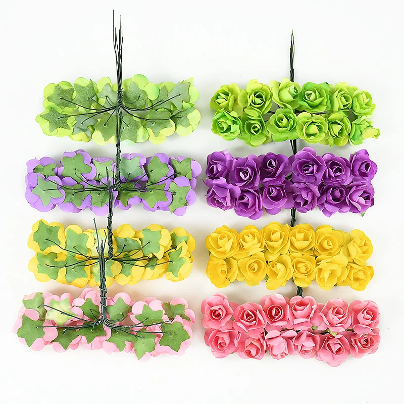 144pcs Mini Paper Artificial Rose Flowers Bouquet for Wedding Christmas Party Wreath Scrapbooking Craft Fake Flowers Multi-Color