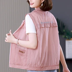 Women's Fashion Letter Embroidery Sleeveless Thin Sunscreen Vest Jacket Spring Summer Solid Lapel Loose Pockets Zipper Waistcoat