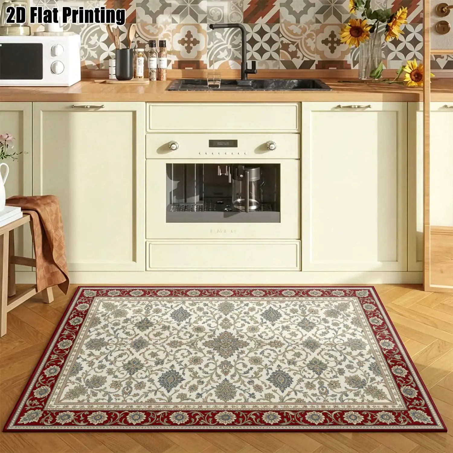 1Pc 2D Printed Carpet: Yellow Base, European Retro Patterns, Home Decor, Multiple Sizes, Machine Washable, Multi-Scene Use