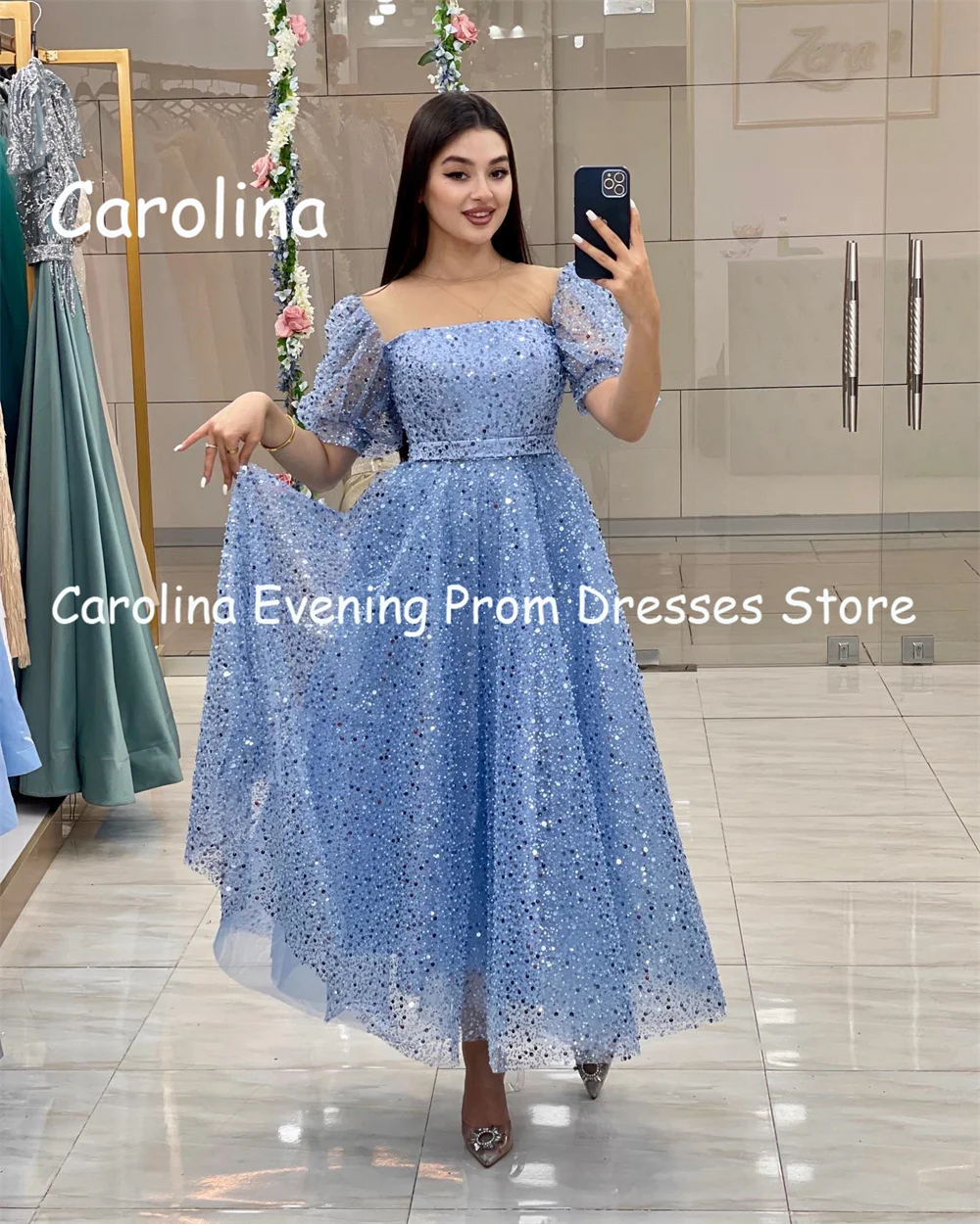 Carolina Tulle A-line Square Neck Sequins Ankle Length Luxury Prom Gown Evening Formal Elegant Pretty Party Dress for Women 2023