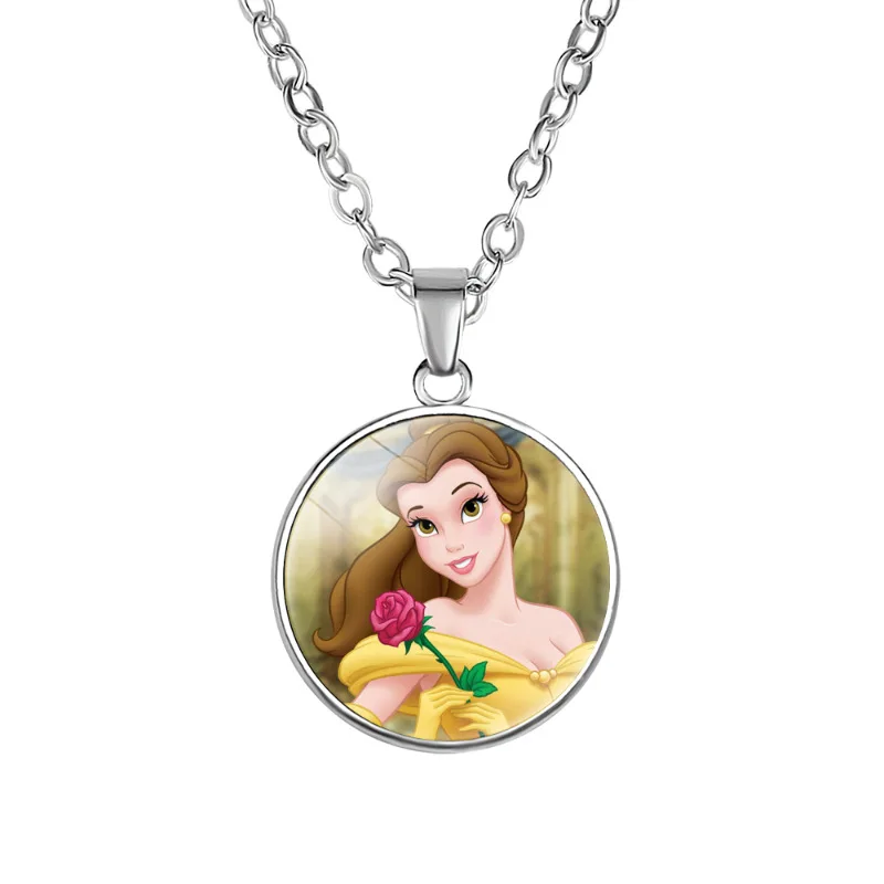 Disney Princess Elsa Belle Ariel Anime Figure Peripheral Metal Necklace Children's Toy Decoration Cute Cartoon Accessories Gift