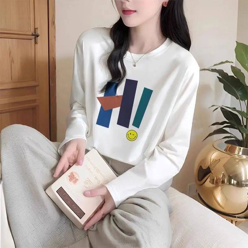 Autumn Pure Cotton O-neck Long Sleeve Tshirt Women Clothing Fashion Letter Print Pullover Office Lady Oversized Top Tee 35-100Kg