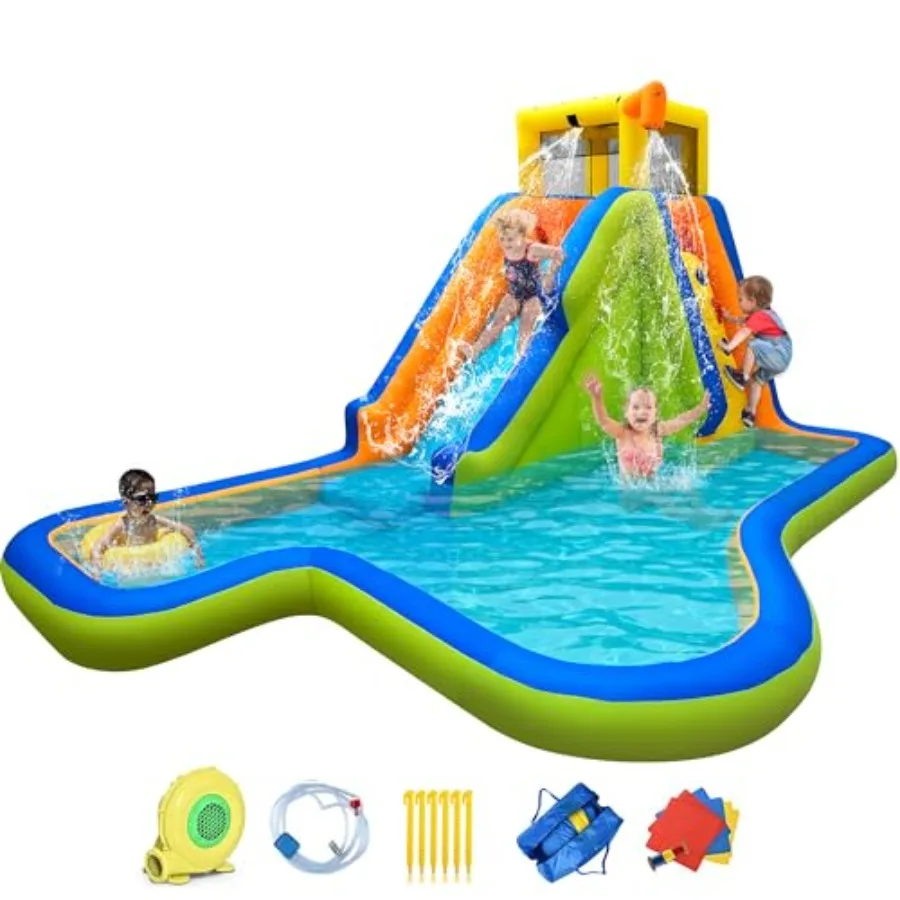 

Outdoor inflatable water slide bounce house for backyard use, PVC material, blue and yellow color, 6-in-1 wet/dry play with cli