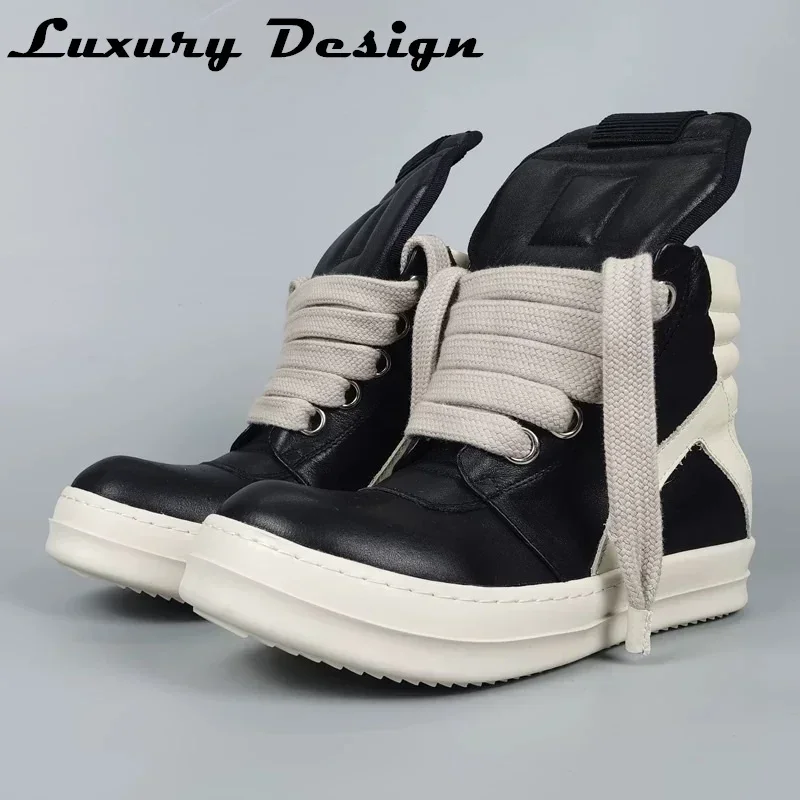 

Men High Top Sneakers Jumbo Lace Up Thick Sole Black Fashion Designer Sneakers Real Leather Male Women Casual Shoes Flats Boots