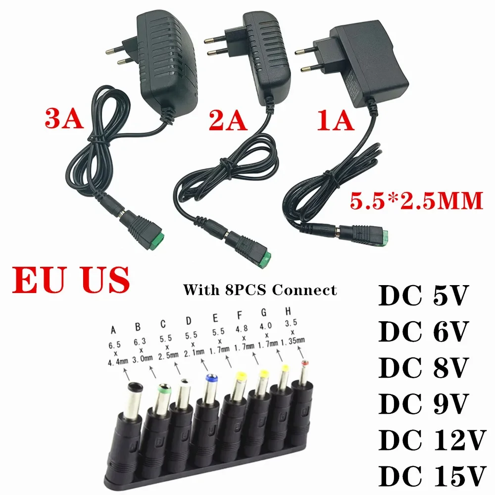 AC DC 110V - 220V Power Adapter Supply 5V 6V 8V 9V 12V 13V 15V 1A 2A 3A Universal Wall Socket With 8 Connect Maximum 5.5X2.5mm