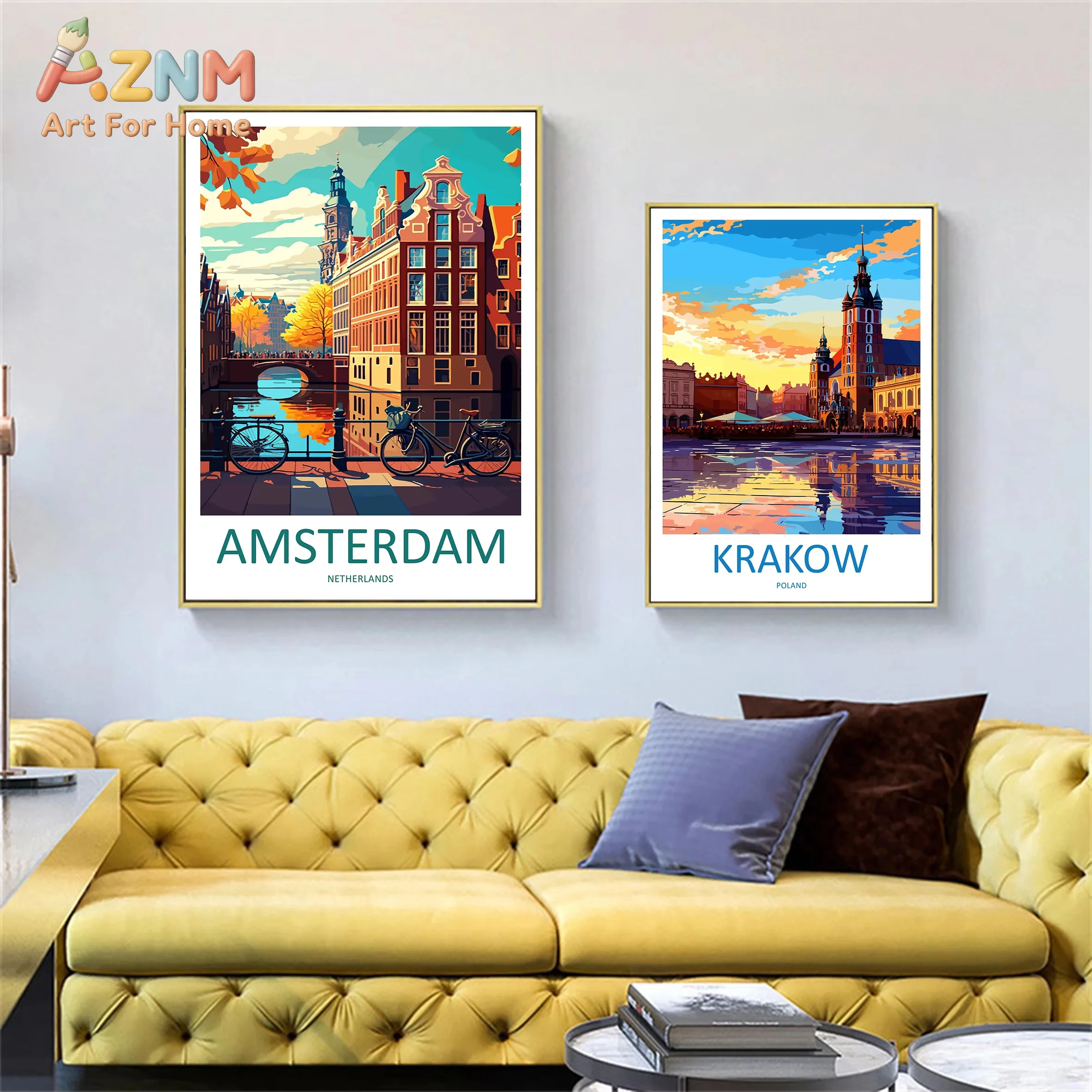 AZNM Europe City Travel Canvas Wall Art Frameless Print, Edinburgh Amsterdam Krakow Vintage Landscape Poster, Home Living Room D
