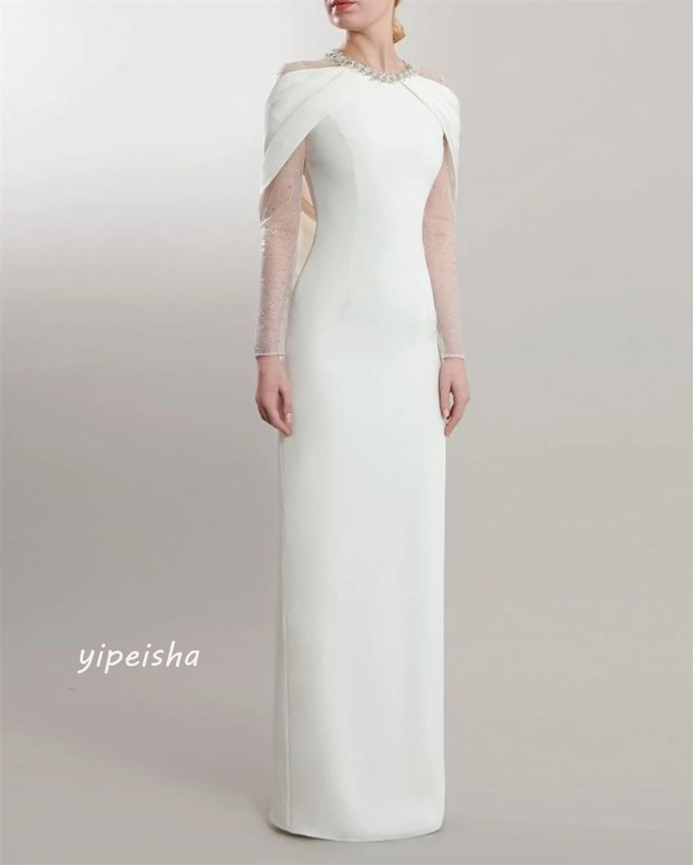 High Quality Sparkle Exquisite Jersey Beading Draped Pleat Prom A-line O-Neck Bespoke Occasion Gown Long Dresses