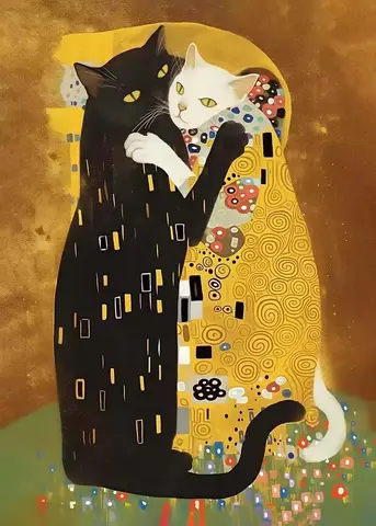 Cat Kitty Klimt Kiss Canvas Poster Vintage Creative Parody Style Print Wall Art Pictures Painting Living Room Home Decoration