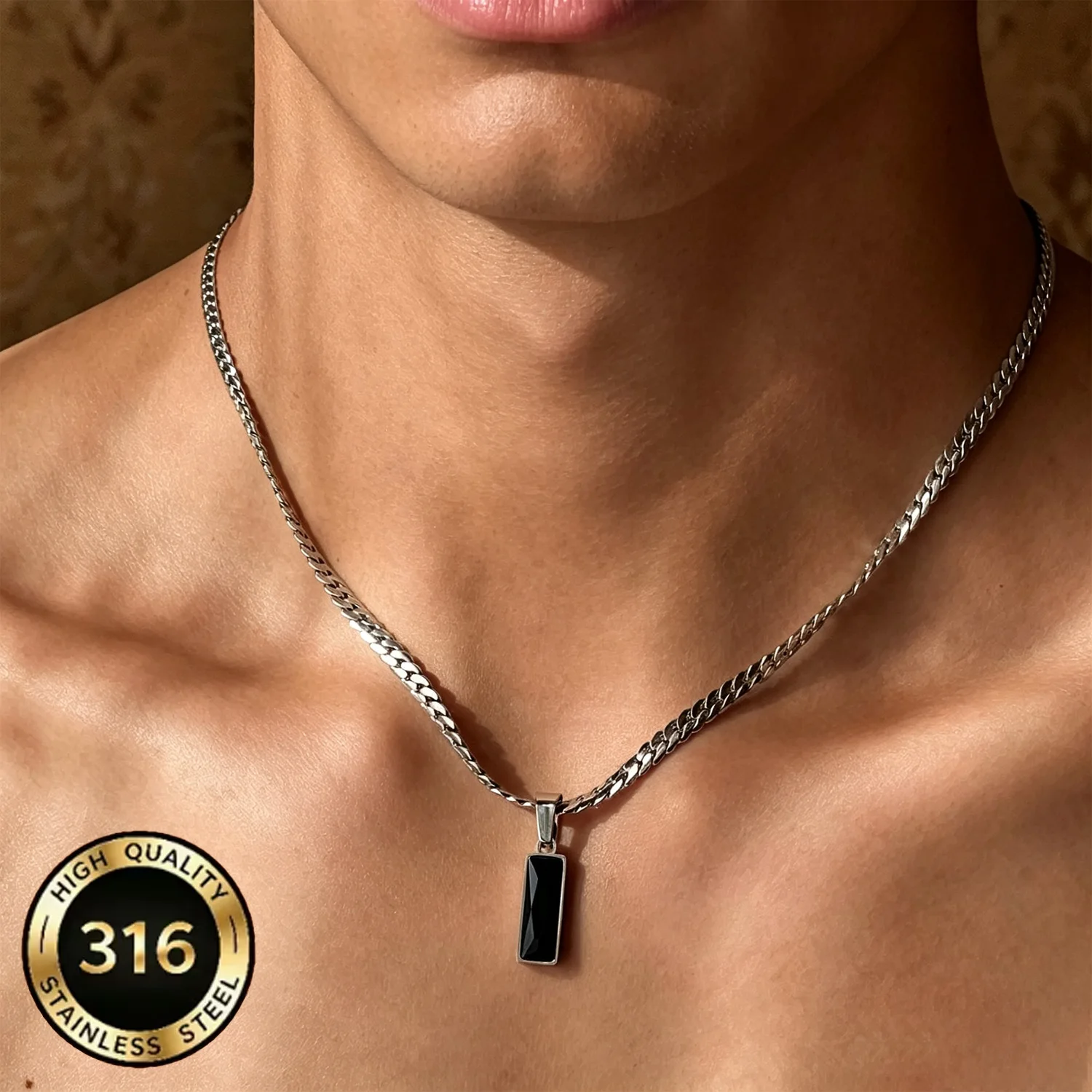 316L Edelstahl Schwarzer Zirkon Anhänger Klingenkette Unisex Halskette Street-Style Persönlichkeits-Schlüsselbeinkette Accessoire