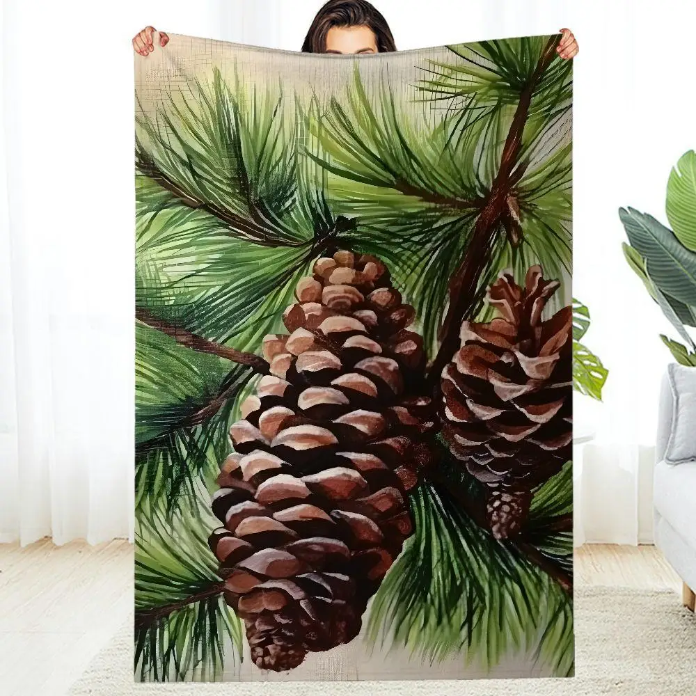 1pc Cozy Pine Cones & Needles Blanket - Green/Grey/Golden Fleece Bedspread, All-Season Soft Warm Throw, Tear-Resistant