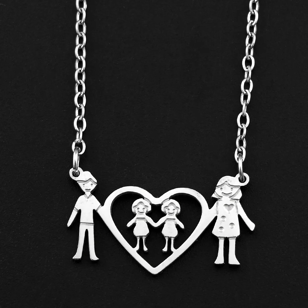 Stainless Steel Girls Boy Family Necklace Gold Color Heart Pendant Necklaces Mother's Day Jewelry Accessories Gift For Women Mom