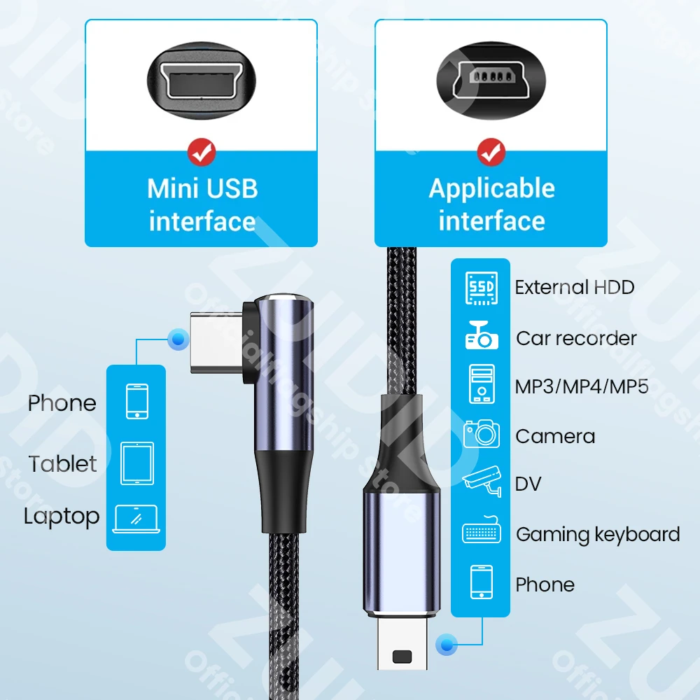 Mini USB Cable Mini USB to USB-A/Type-C Fast Data Charger Cable for MP3 MP4 Player Car DVR GPS Digital Camera HDD Mini USB 2.0