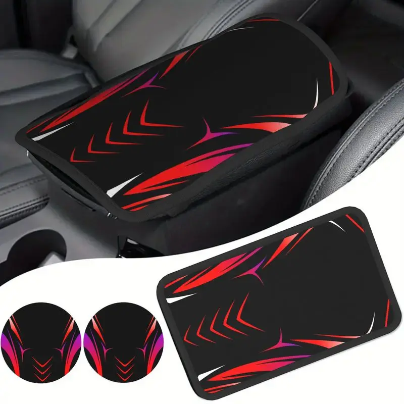 1Pc Car Armrest Cover & 2Pcs Cup Coasters With Abstract Red Purple Tribal Print, Sporty Car Interior Accessory