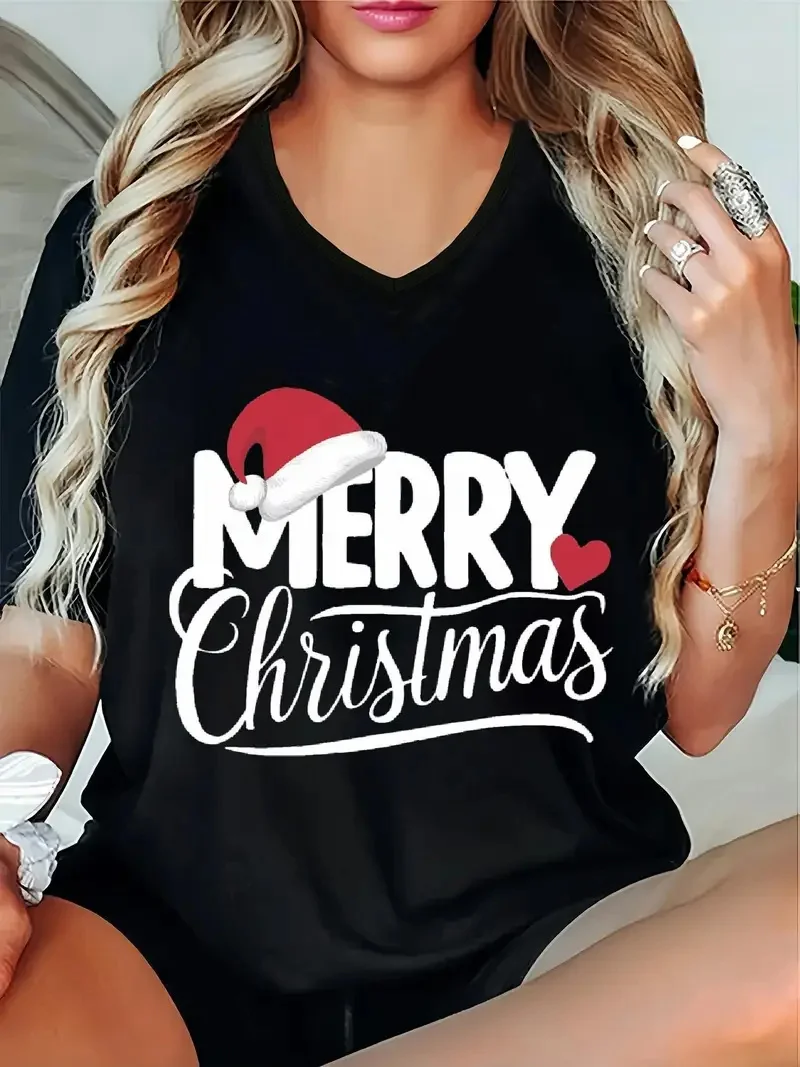

3D Print Women's Christmas V-Neck T-Shirts Fashion Creative Snowman Elk Graphic Tees Loose Casual Festival Family Party Pullover