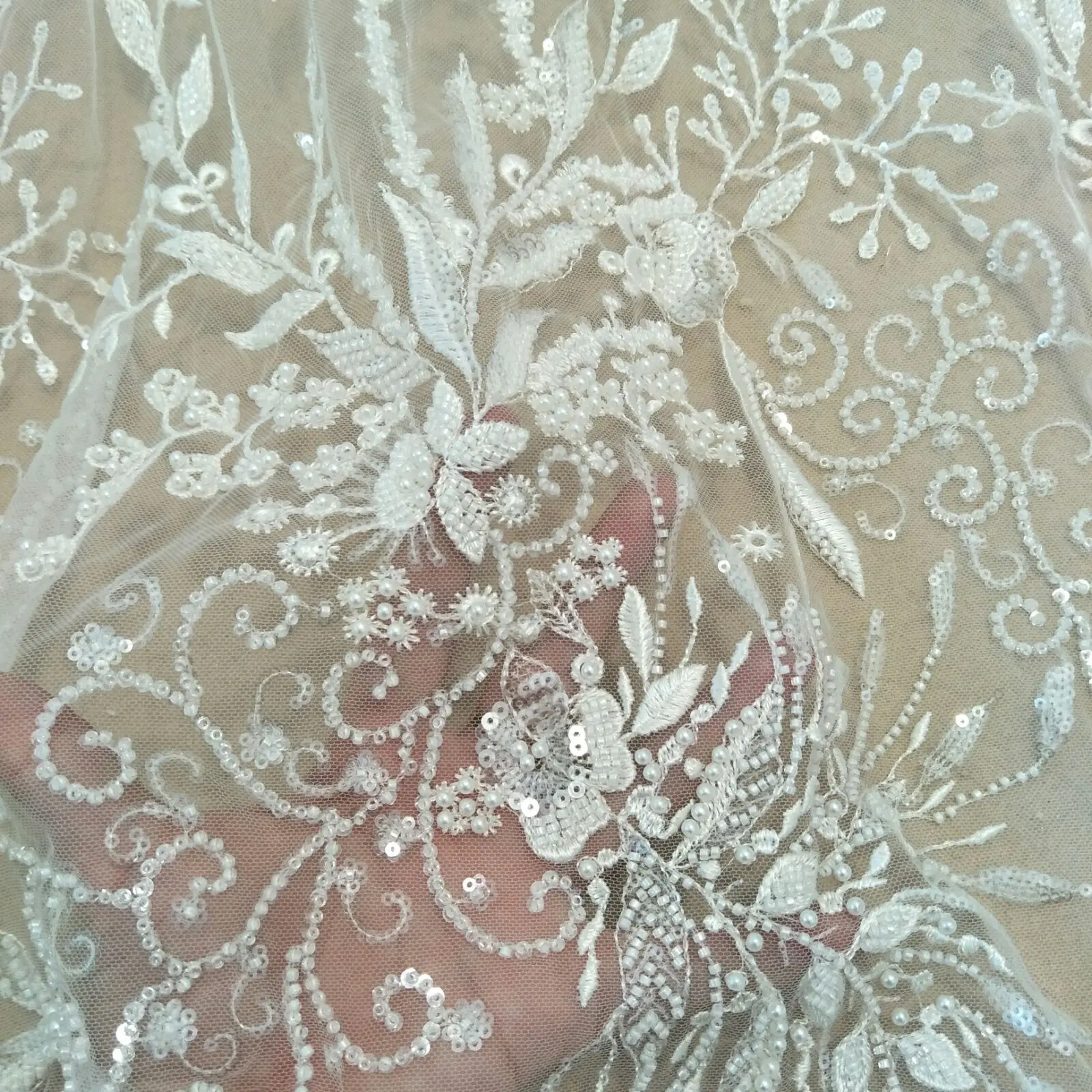 Luxury lastest lace twig floral wedding dress diy fabric with beads and sequins wide 135cm sold by yard