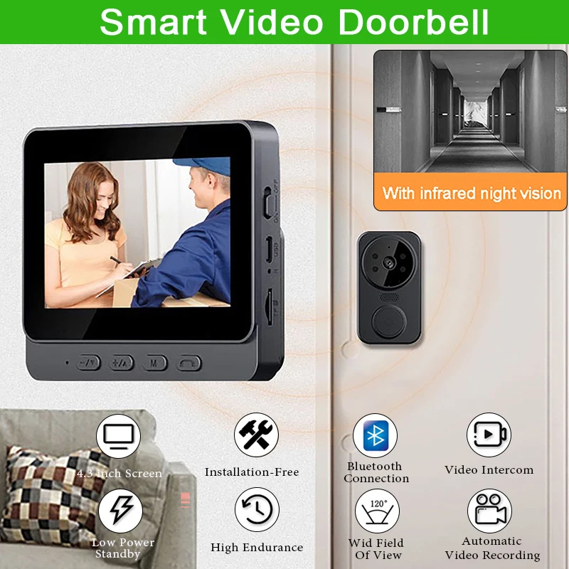 Smart Home Security Visual Doorbell 4.3-inch Display Waterproof High Definition Infrared Night Vision Wireless Video Door Bell