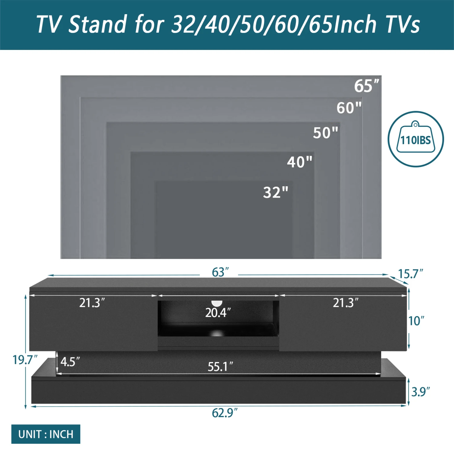 63inch BLACK morden TV Stand with LED Lights,high glossy front TV Cabinet,can be assembled in Lounge Room, Living Room or Bedroo