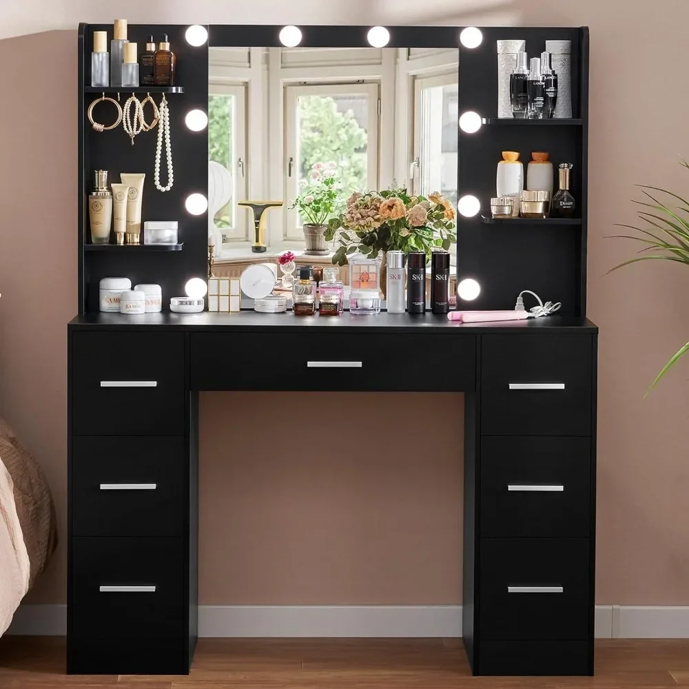 

Dressers with LED Lighted Mirror & Power Outlet,Makeup Vanity Table with 7 Drawers,4 Shelves and 5 Hooks, Vanity Table Dressers