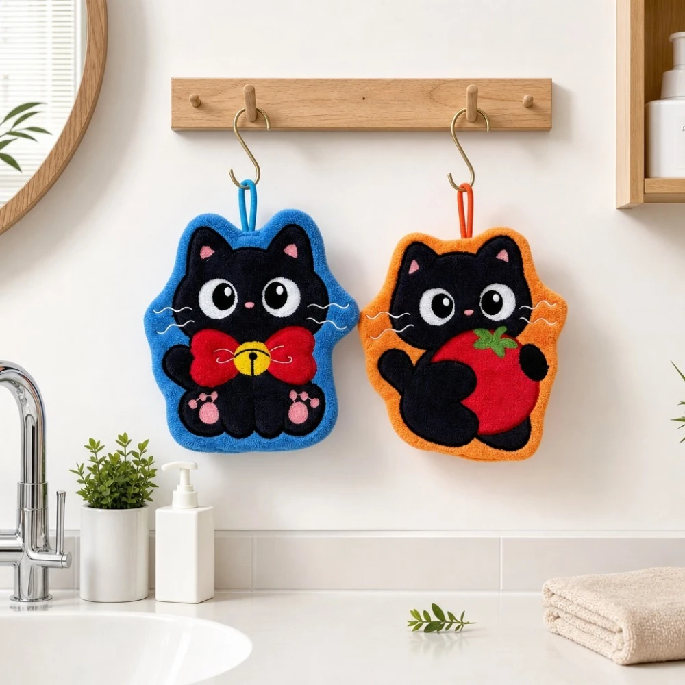 2-Pack of Cute Cartoon Hanging Hand Towels, Christmas Gifts, Soft Absorbent Towels with Bowknot, Bell, Black Cat and Tomato-Shaped Designs, Reusable Hanging Towel with Loop for Home Use, Cute Decorative Hand Towels, Suitable for Bathroom, Kitchen, and Household Daily Use