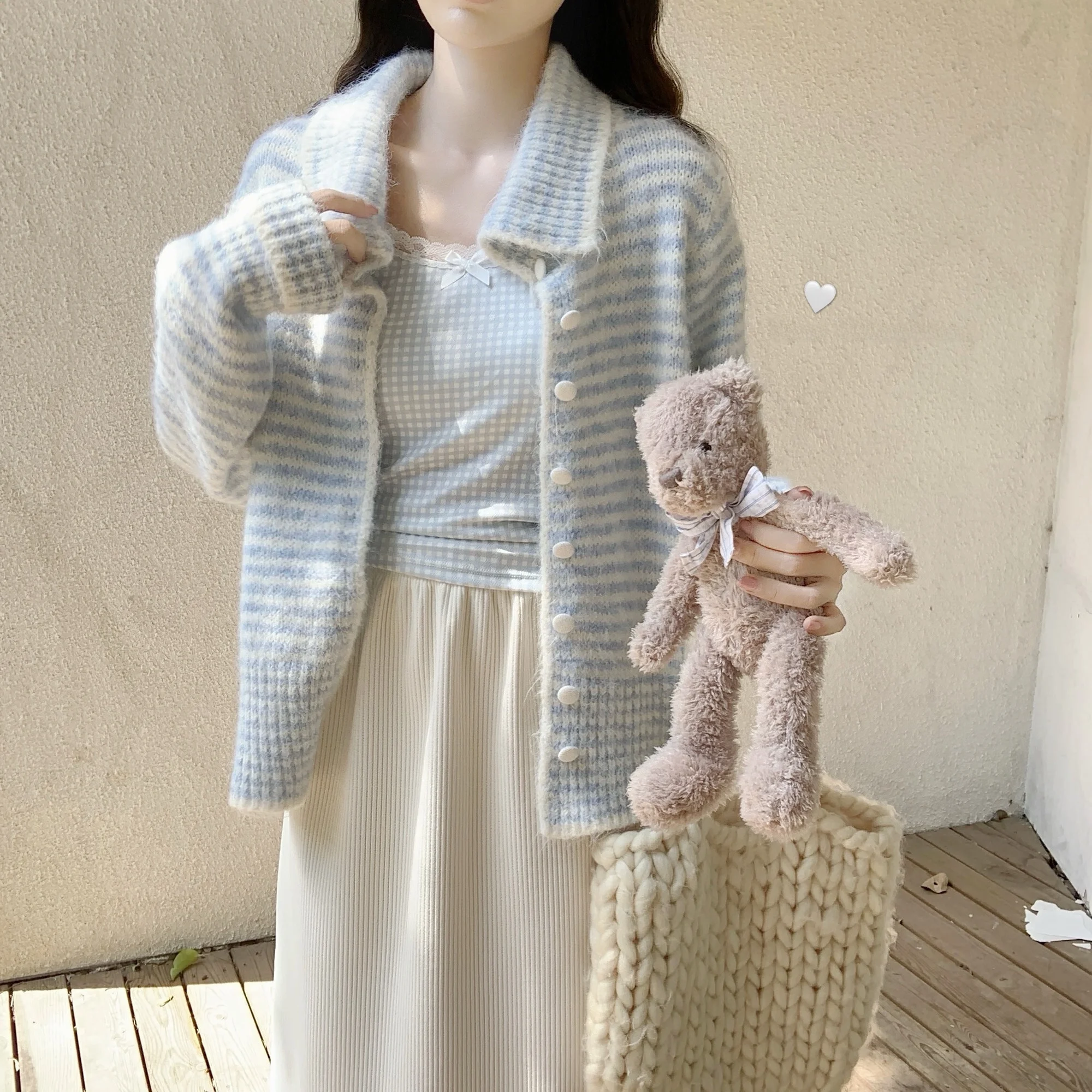 

Dear YN Soft Plu Korean Sle Striped Loose Long Sve Knitted Sweater Coat Women's Autumn Faion Commute Warmth