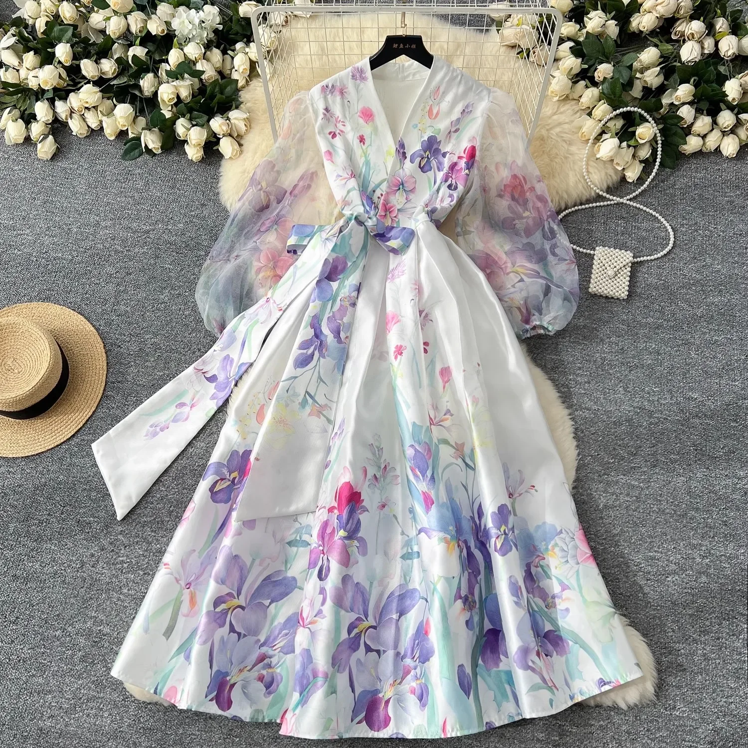 Bloemwikkeljurk Dames V-hals Lange lantaarnmouwen Chiffon Patchwork Dik satijnen bandage Lace Up Lange feestjurken