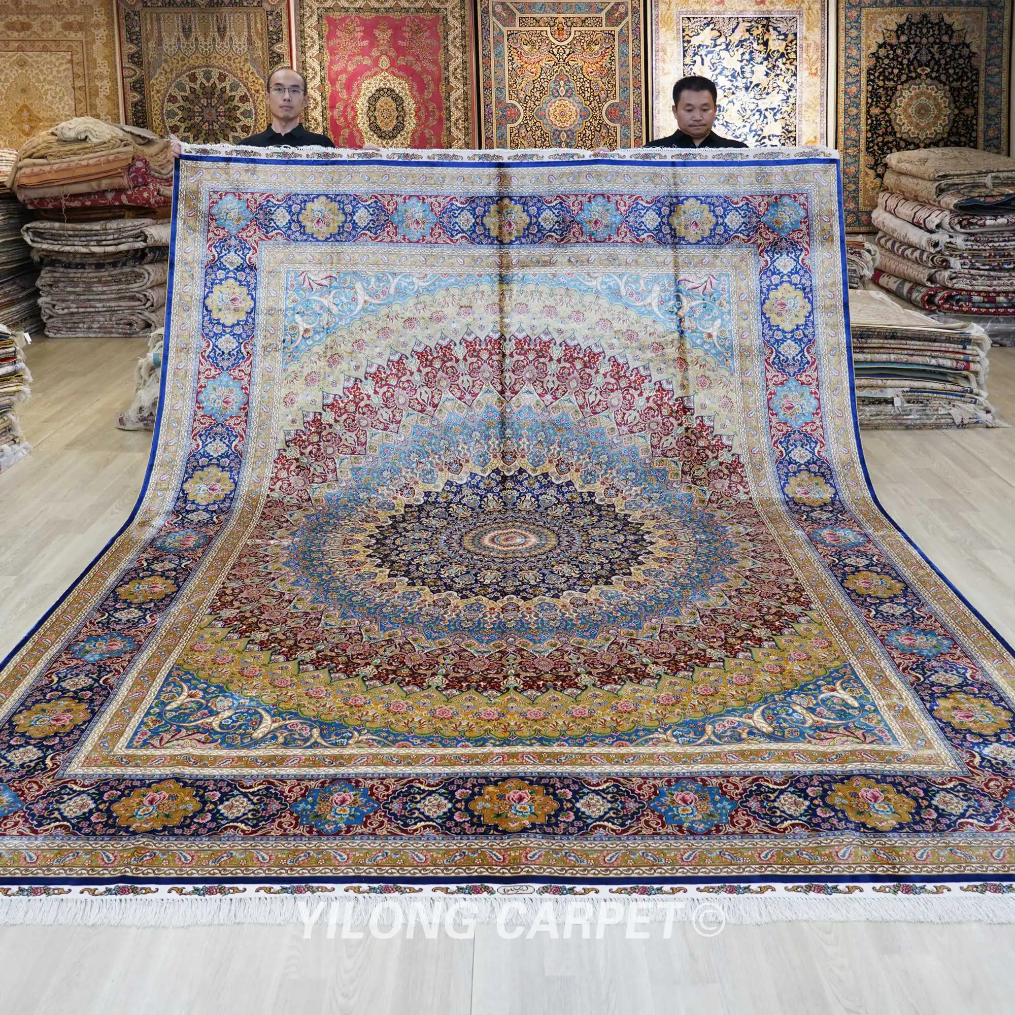 9'x12' Handmade Silk Rug Oversized Blue Low Pile Luxury Indoor Carpet (ZQG682A)