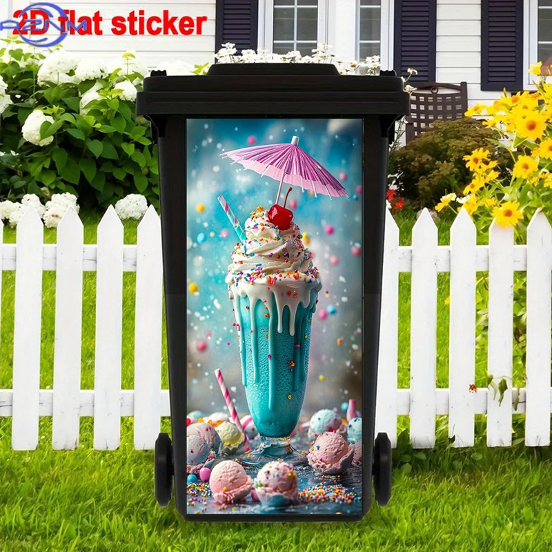 1pc 2D Flat Colorful Sprinkles Trash Can Sticker | Vibrant Tropical Milkshake Self-Adhesive Art Stickers, Cherry Top, Pink Par