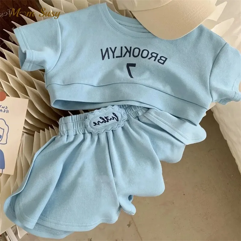 Baby Girl Boy Cotton Letter Embroidery Clothes Set Tshirt+Shorts 2PCS Summer Infant Toddler Child Homesuit Baby Clothes 1-10Y