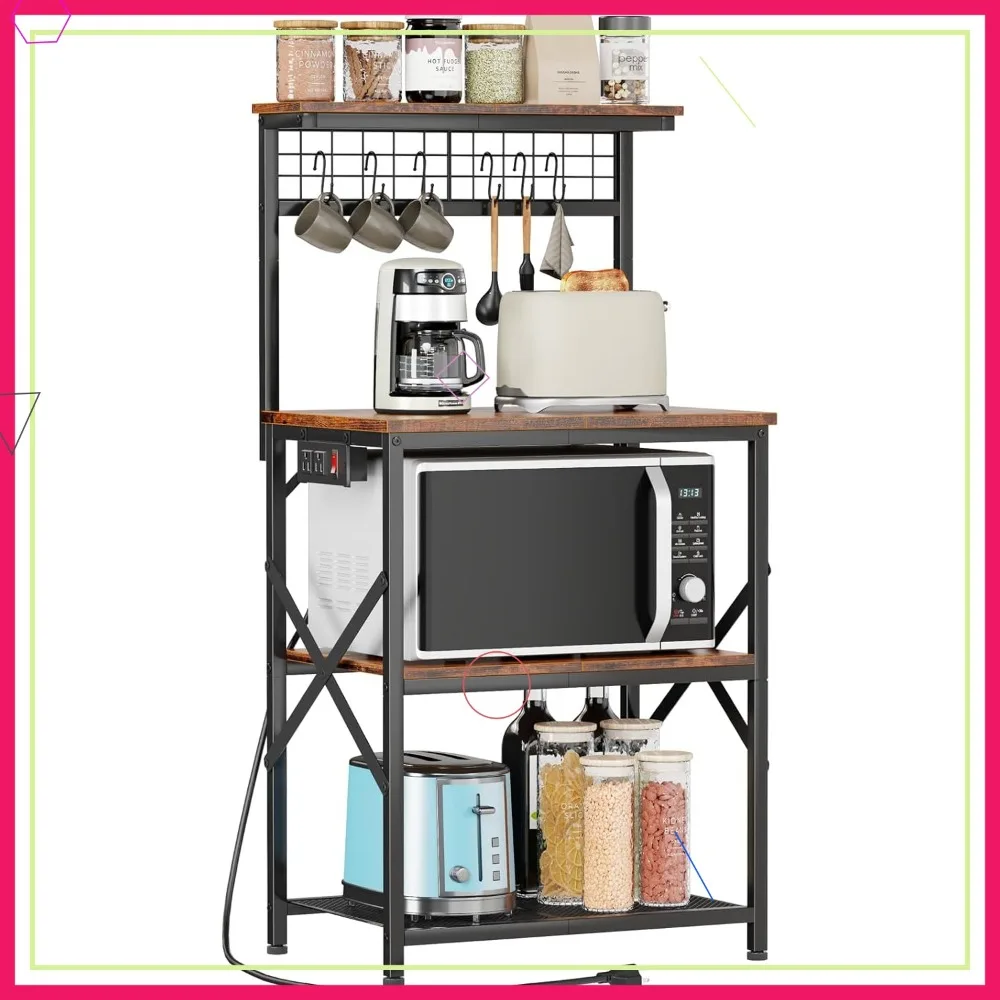 

4-Tier Kitchen Bakers Rack with Power Outlet, Microwave Stand, Coffee Bar Table & Storage Hooks, Rustic Brown