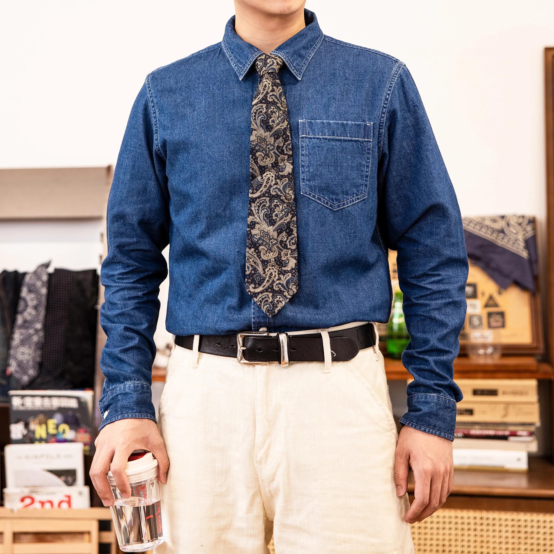 

Denim shirt men's long-sleeved loose American retro workwear 60s original cow denim jacket lapel shirt